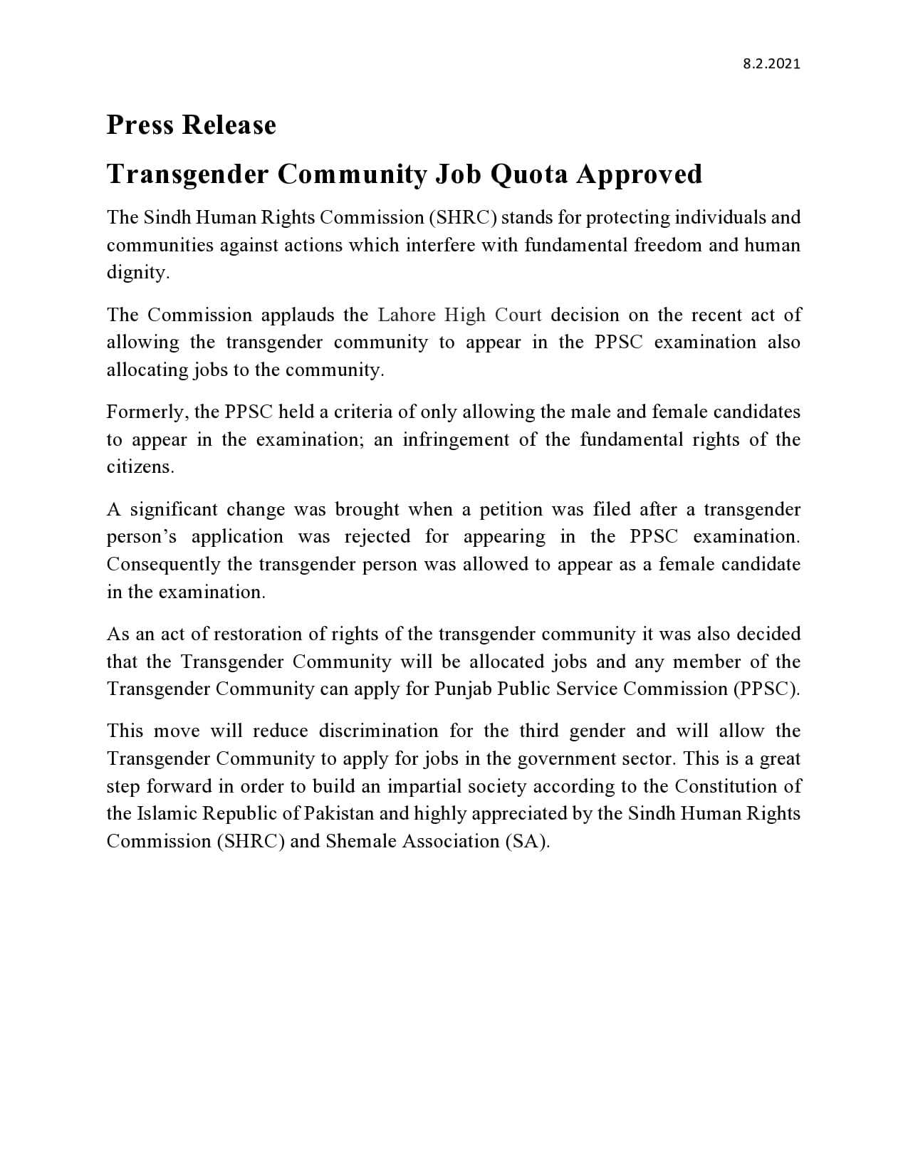 Transgender Community Job Quota Approved